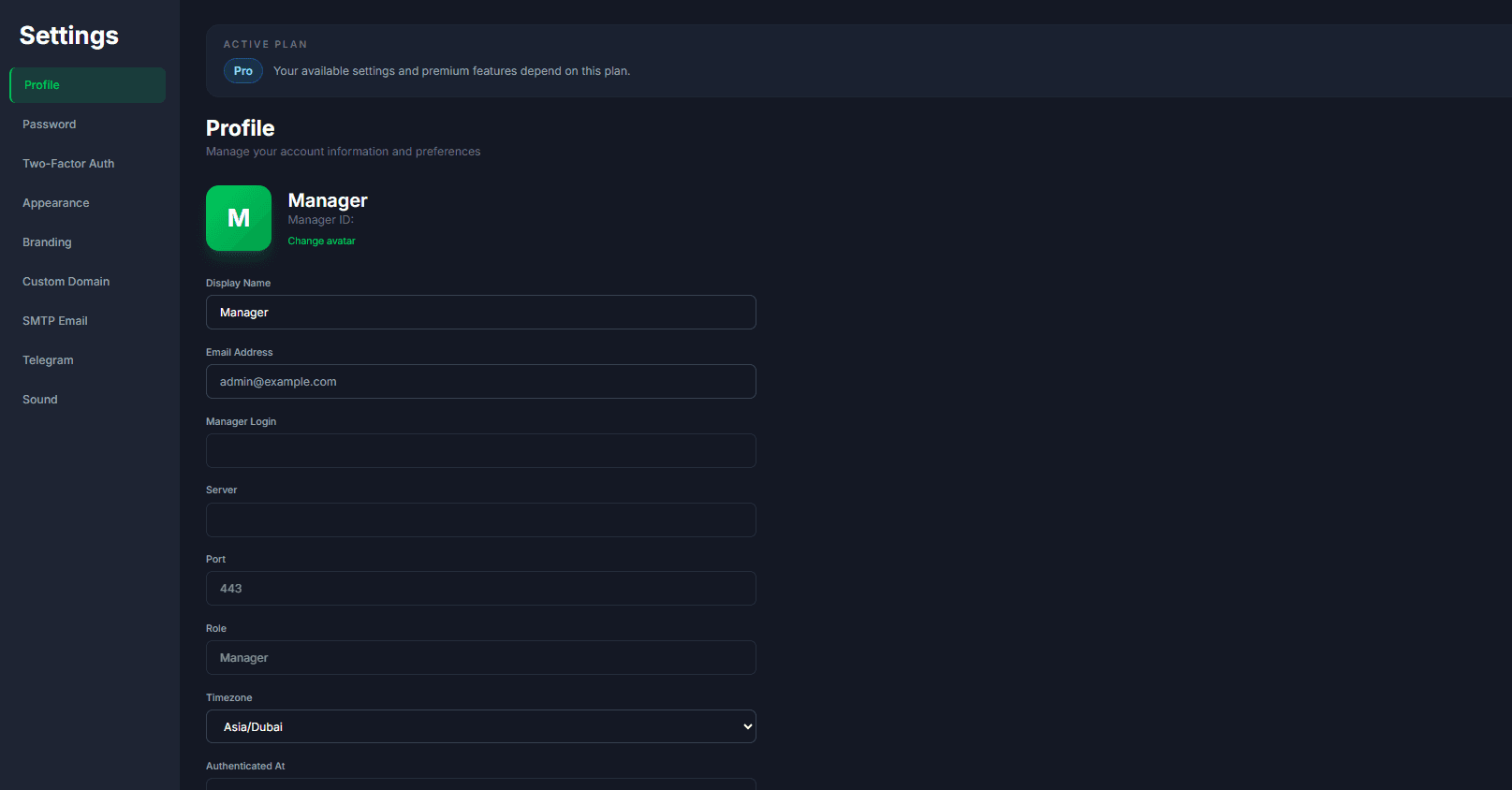 Rishawk custom settings workspace with profile, security, branding, notification, server, and timezone configuration