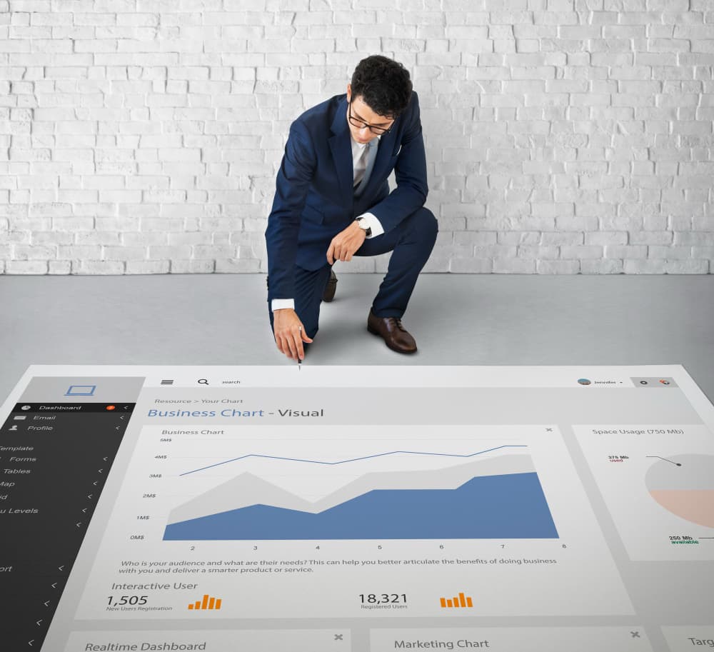 Analyst reviewing a large business intelligence dashboard