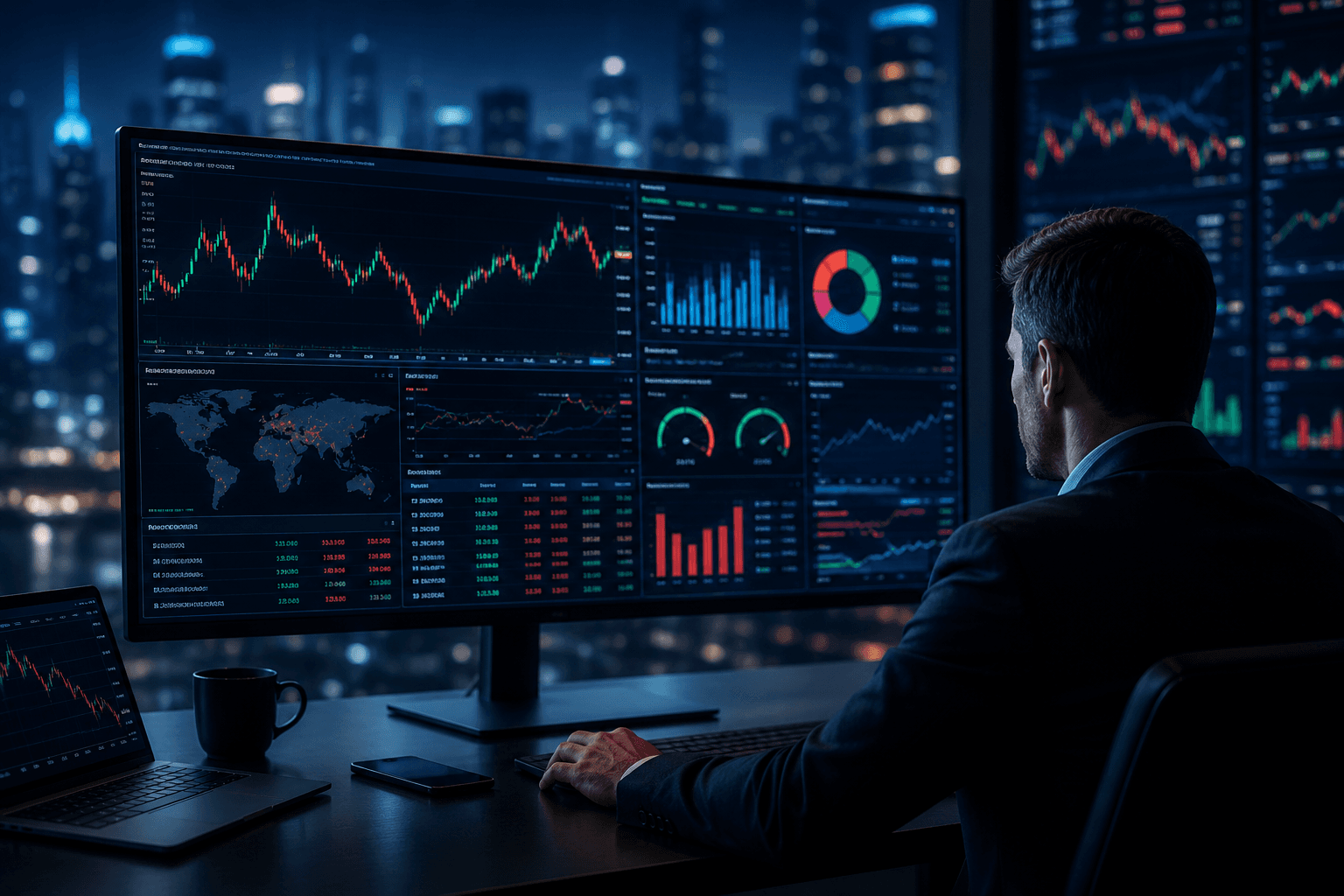 Broker monitoring real-time market risk across trading dashboards